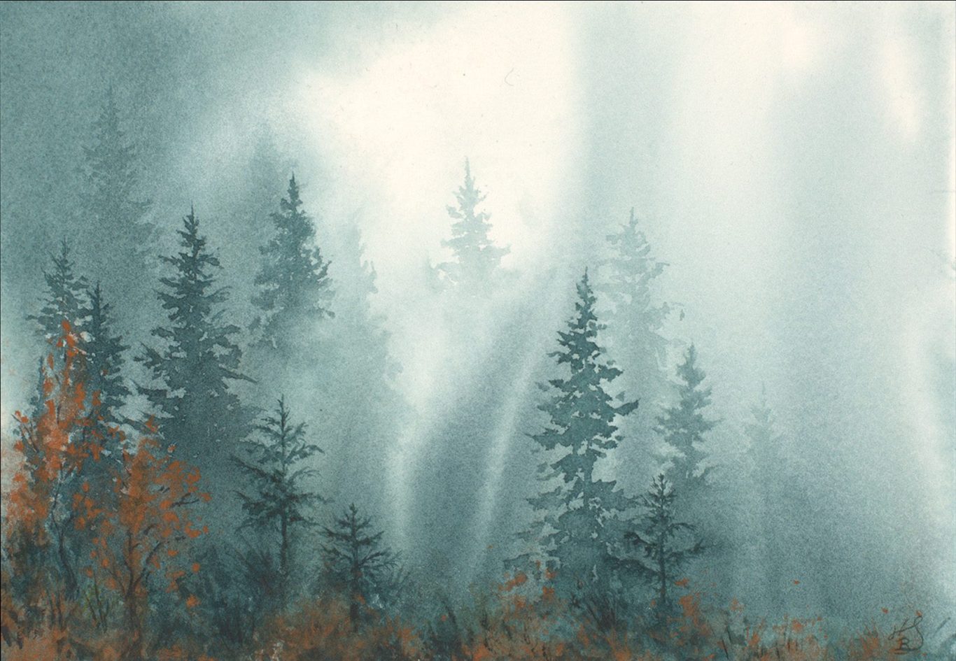 "Schleiergrau" Aquarellbild Schwarzwald im Nebel von Sonja H. Bächle